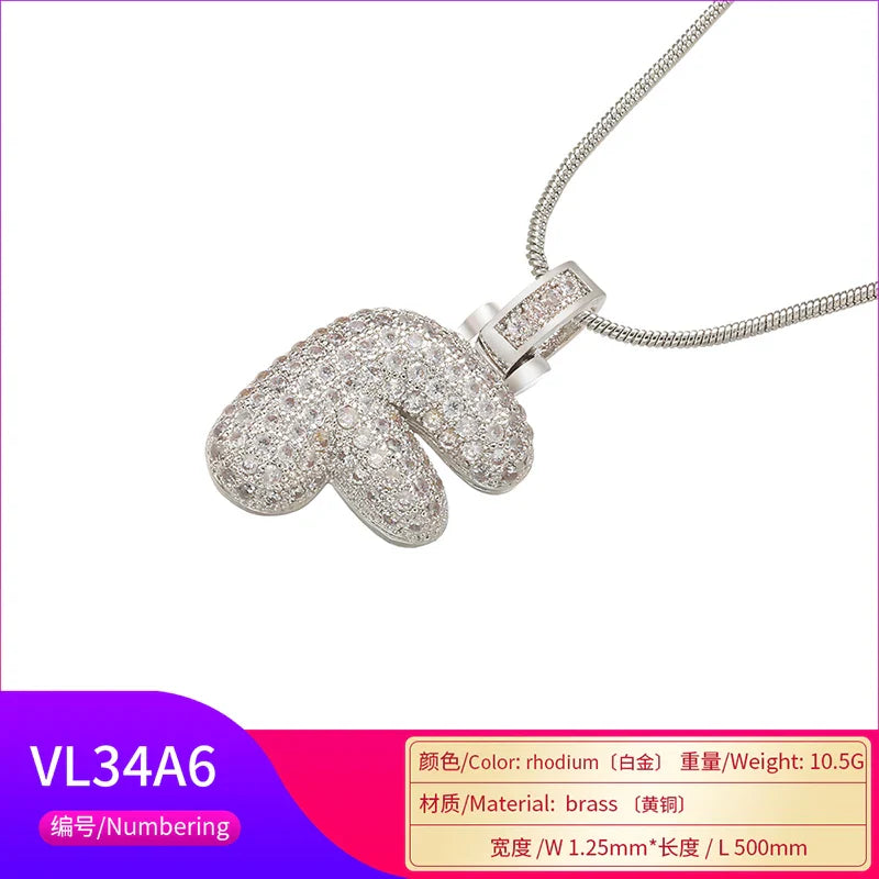 ZHUKOU 1.25x500mm Fat and lovely crystal brass silver color  letter necklace for women friends birthday gift model: VL34