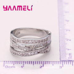 Women Men Rings 925 Sterling Silver Jewelry Crystal Inlay Overpass Cross Bague