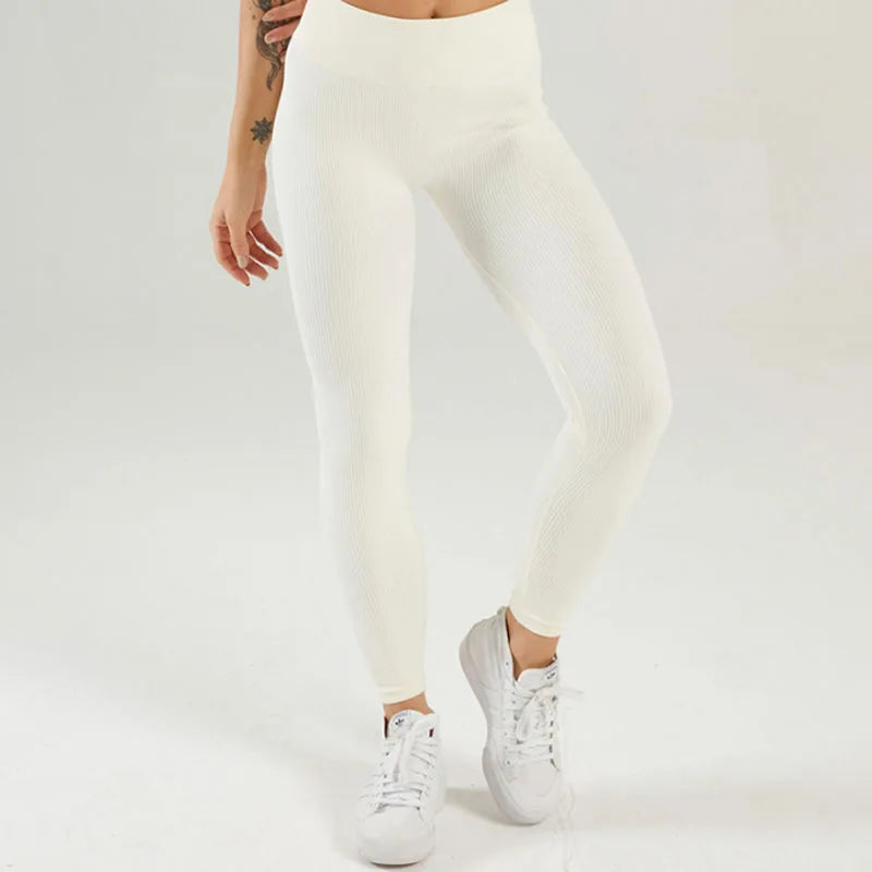 Tossy Ribbed Yoga Leggings Sports Tights Women Seamless Knit Yoga Pants White