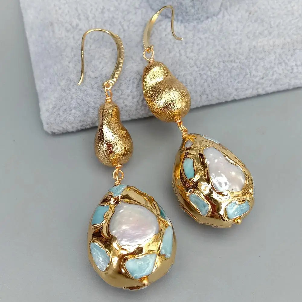 Y·YING  natural Cultured White Pearl Teardrop Shape Blue larimar Pave Brushed Bead Dangle Hook Earrings
