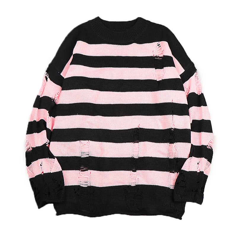 Black Stripe Sweaters Destroyed Ripped Sweater Men Pullover Hole Knit Jumpers Men