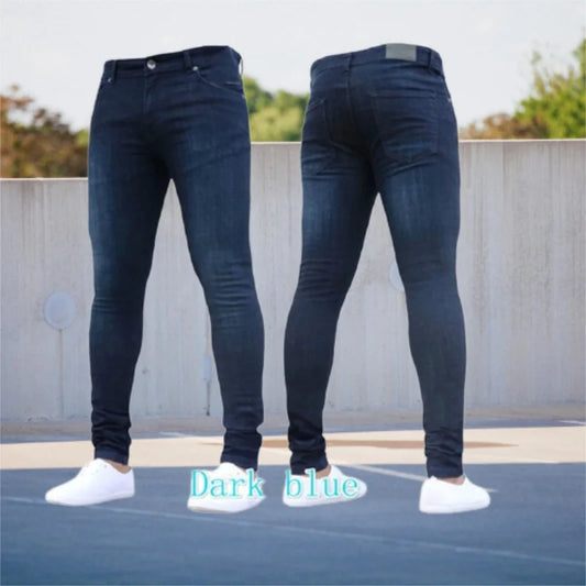 Mens Pants Pure Color Stretch Jeans Casual Slim Fit Work Trousers Male Vintage