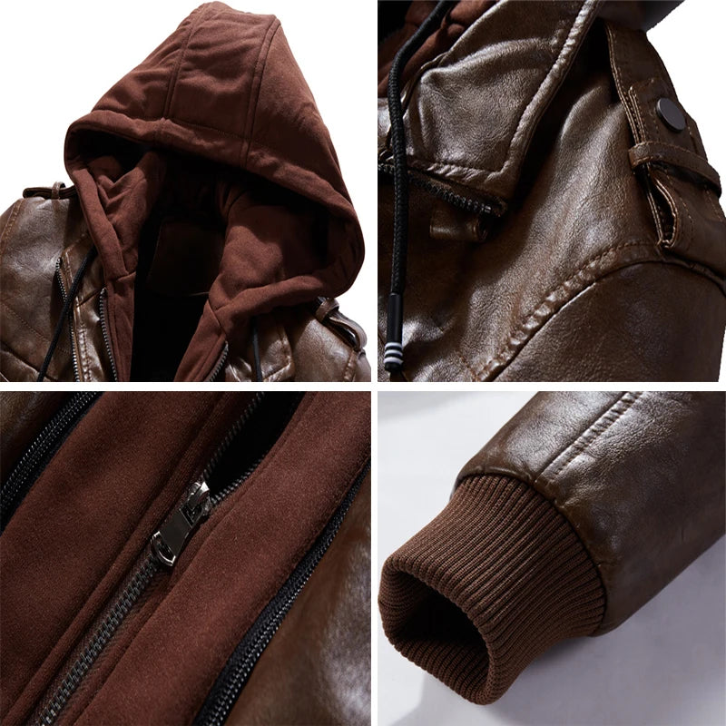 Winter Men's PU Leather Jacket Casual Man Motorcycle Leather Hooded Coats