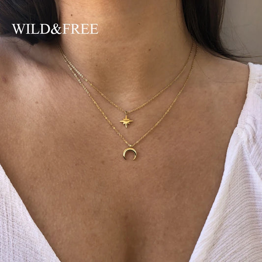 Moon Star Layered Necklace for Women Girl Sweater Pendant Necklaces Gold Plated