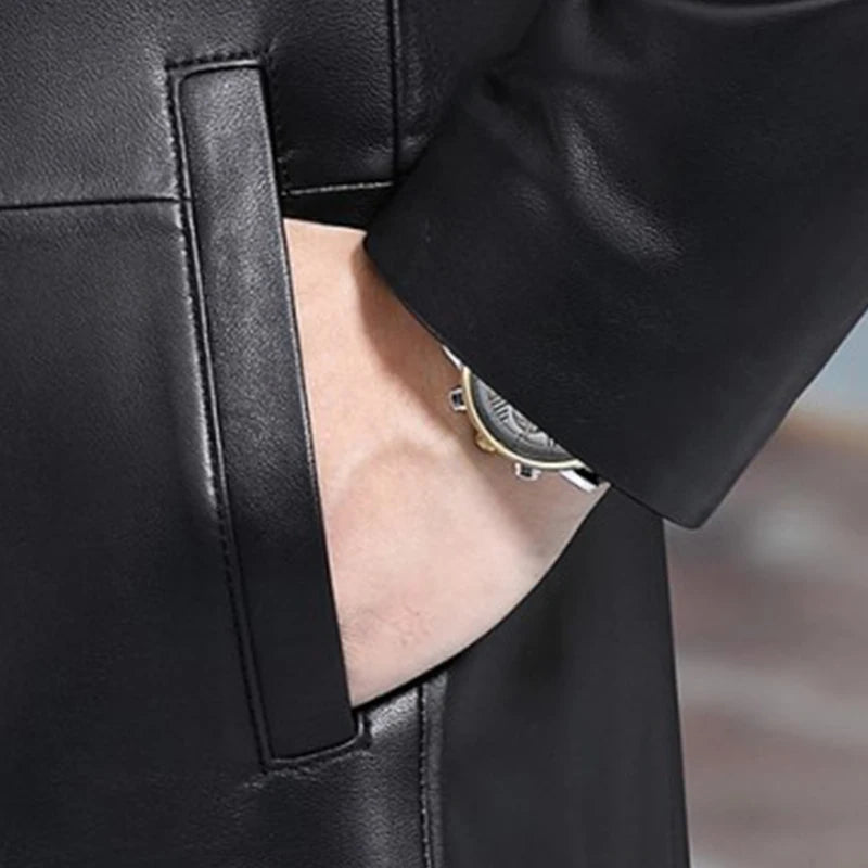 Long Black Mens Leather Blazer Jacket Long Sleeve Lapel Plus Size Faux Leather Coat