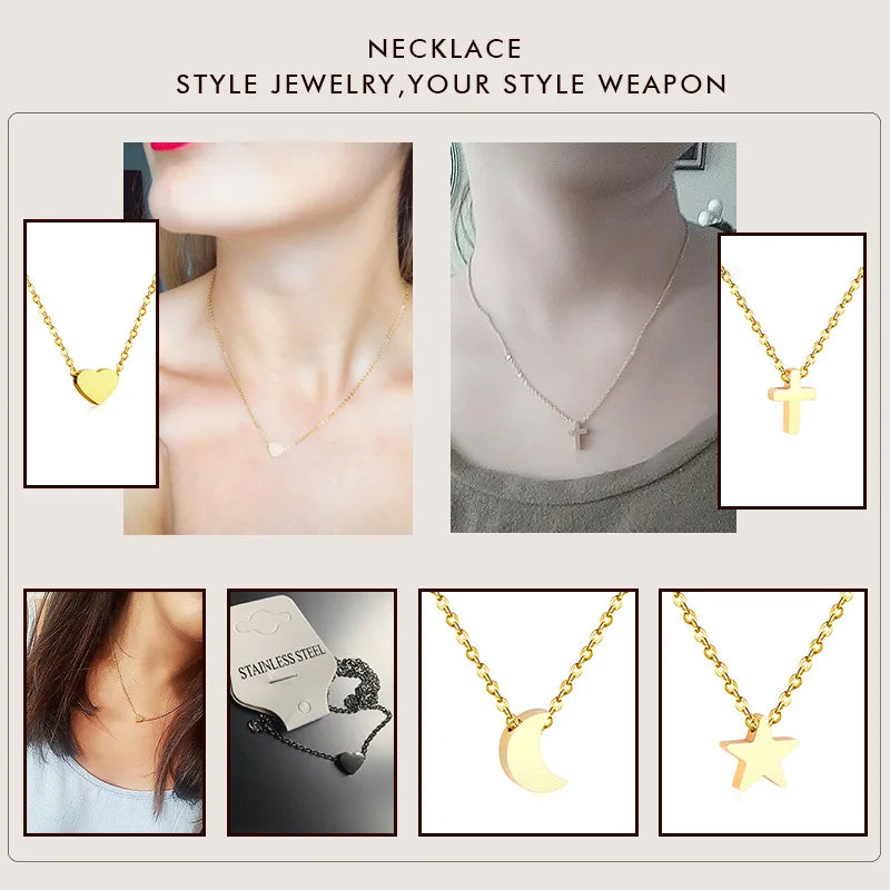 LUXUKISSKIDS Heart Star Moon Pendant Necklaces Tiny Charms Stainless Steel Choker Women/Girls Y2K Sweater Boho Jewelry Collares
