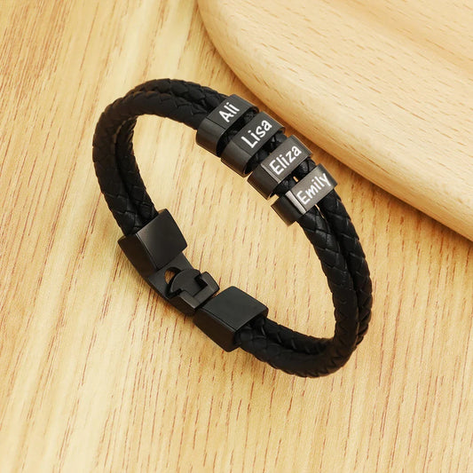 MaiLun 1pc Personalized names beads Men bracelet Leather Bracelet Customized gift for husband father