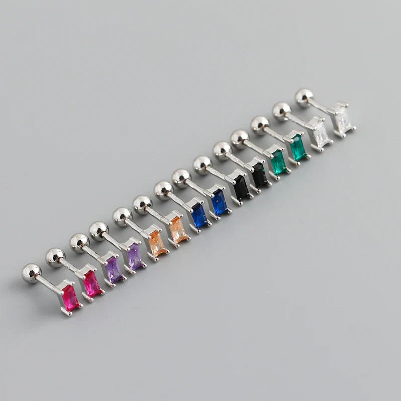 WANTME 925 Sterling Silver Colorful Square Shiny Zircon Beads Piercing Stud Earrings for Women Fashion Gothic Exquisite Jewelry