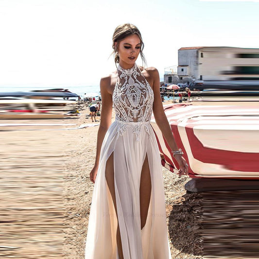 White Bridesmaid Dresses: Beach Wedding Dress Boho Bride Gown Halter Lace