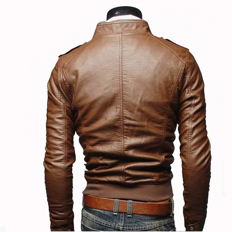 Men Faux Leather Jacket Zippers Men's Stand Collar Coat Spring Autumn Casual