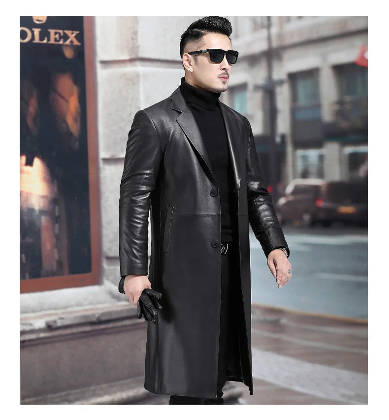 Long Black Mens Leather Blazer Jacket Long Sleeve Lapel Plus Size Faux Leather Coat