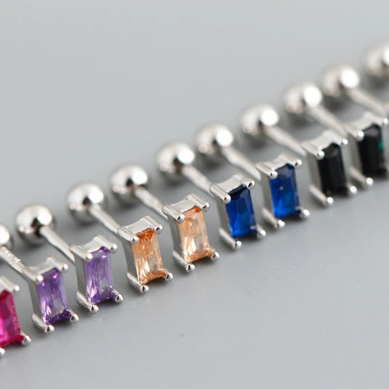 WANTME 925 Sterling Silver Colorful Square Shiny Zircon Beads Piercing Stud Earrings for Women Fashion Gothic Exquisite Jewelry