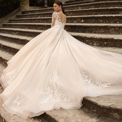 Boho Lace Tulle Wedding Dress  Princess Champagne A-Line