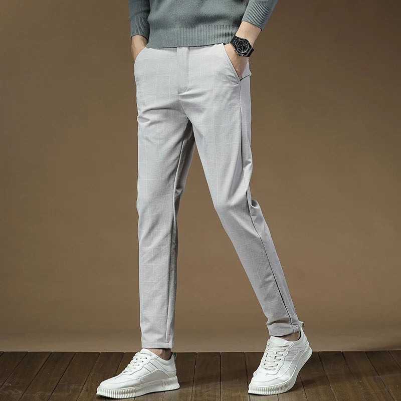 Men's Dress Pants Fashion Plaid Stripe Business Slim Fit Office Classic Retro Suit Pant