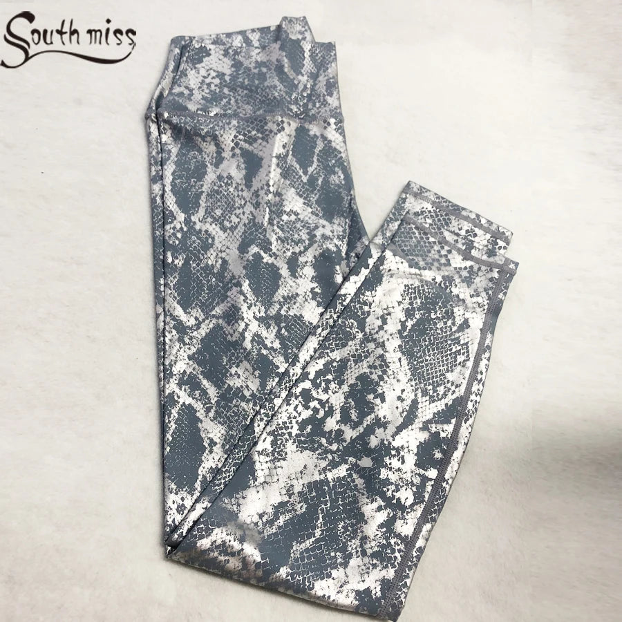 Women's Retro Metallic Snake Gym Leggings Blue Silver Shiny Legging Fitness Bottom