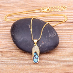 Pave CZ Rhinestone Enamel Slipper Pendant For Women Blue Evil Eye Necklace