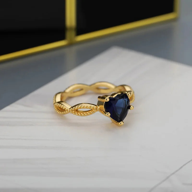 Blue Gem Heart Rings For Women Zirconia Silver Color Couple Heart Ring Party Gift