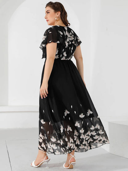 Plus Size Casual Women's Dresses 2023 Summer Ruffles V Neck Short Sleeve Floral Maxi Long Dress Black Chiffon Boho Beach Dresses