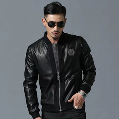 Skull Rhinestones PU Jackets Men Black High Street Stand-Neck Zipper