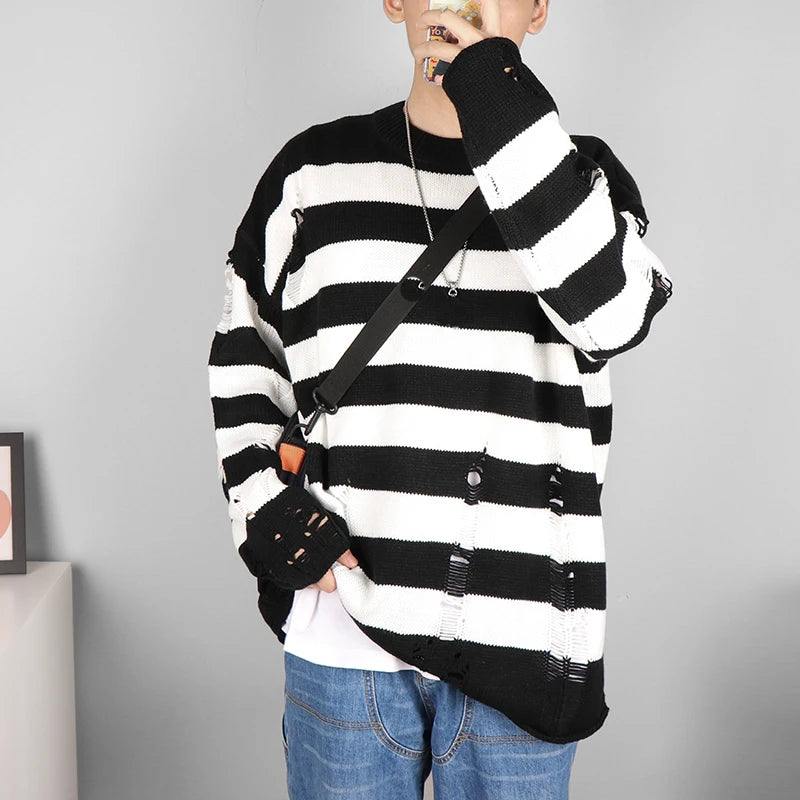 Black Stripe Sweaters Destroyed Ripped Sweater Men Pullover Hole Knit Jumpers Men