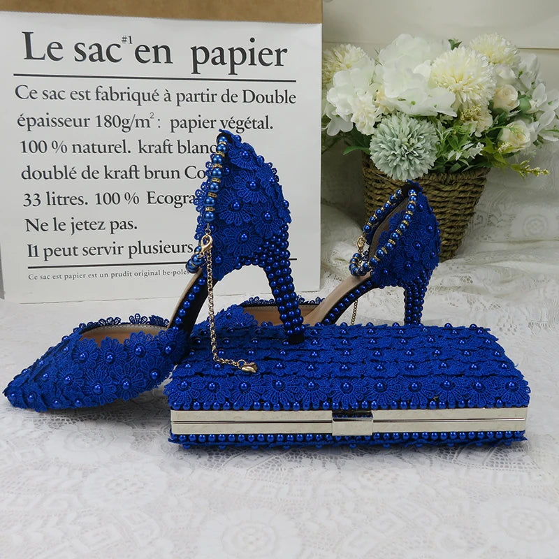 Royal Blue Lace Flower wedding shoes with matching bags High heels Pointed Toe Ankle Strap Ladies Party shoe and bag set