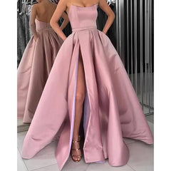 Burgundy Prom Dresses with Pockets Side Slit Strapless Satin Elegant Long Evening Dress