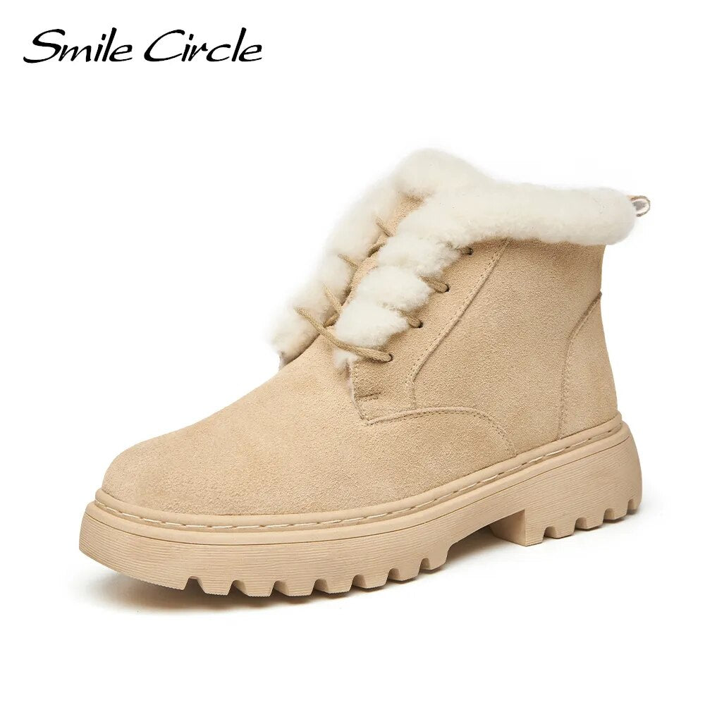 Smile Circle Ankle Boots Women Leather Chunky Boots Natural fur Warm Winter