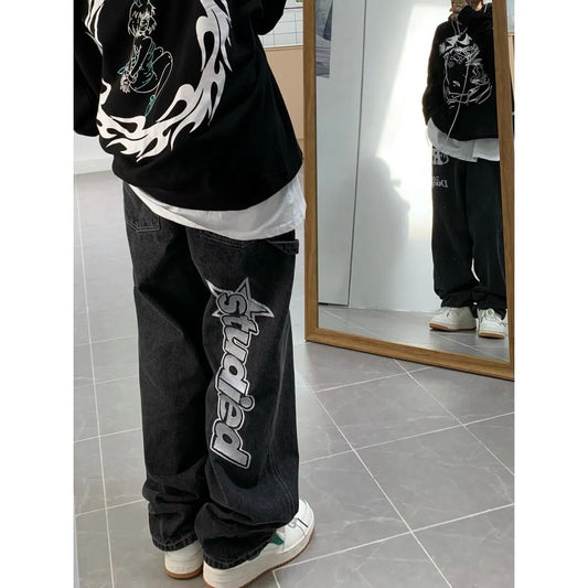 American street clothing pocket jeans female letteprint high waist casual pants