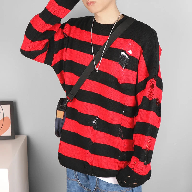 Black Stripe Sweaters Destroyed Ripped Sweater Men Pullover Hole Knit Jumpers Men