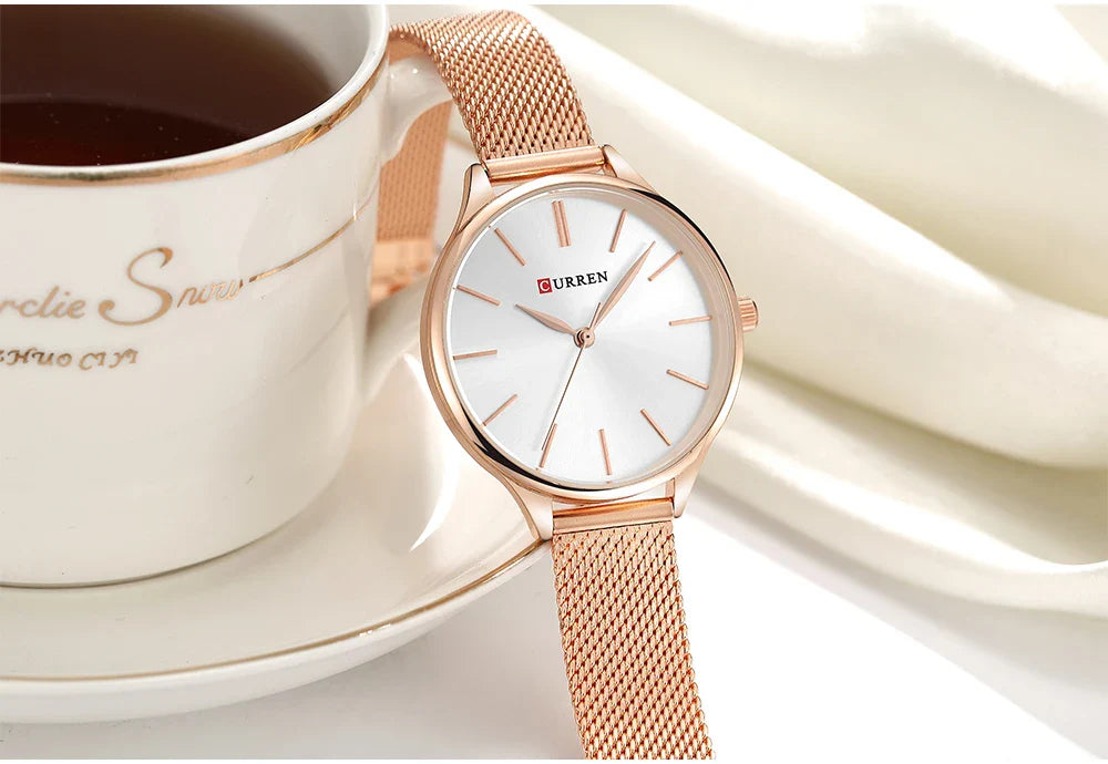CURREN Original Women's Luxury Watch Matte Dial Japanese Quartz Movement Stainless Steel Mesh Strap with Box