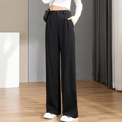 Women Chic Office Wear Straight Pants Vintage High  Ladies Trousers Baggy