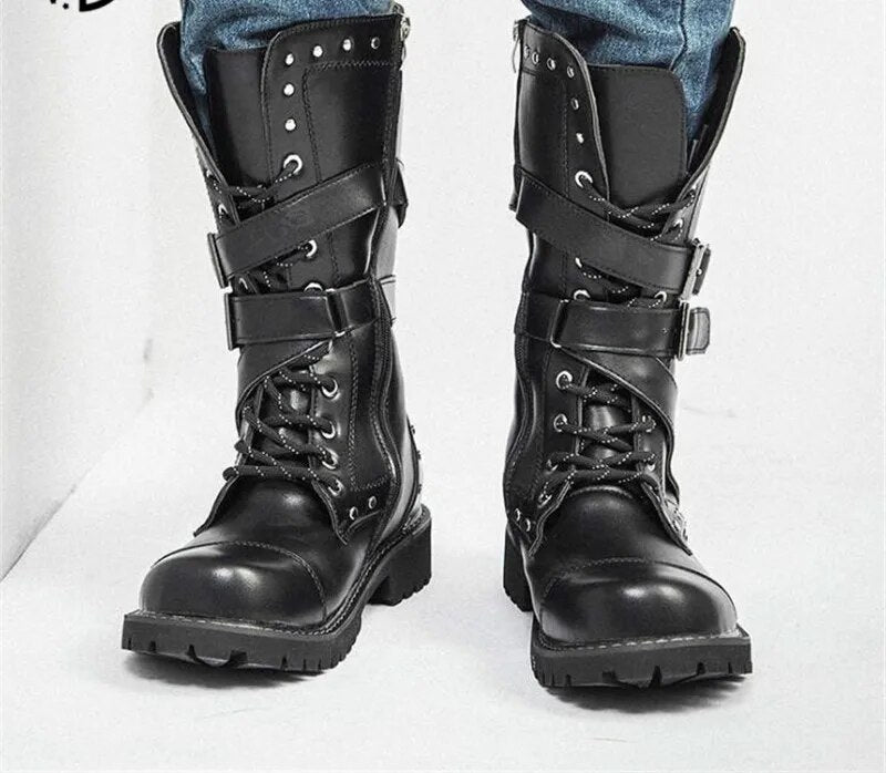 High Top Desert Tactical Military Boots Mens Leather Motorcycle Boots Army Combat Boots Fashion Male Gothic Belt Punk Boots