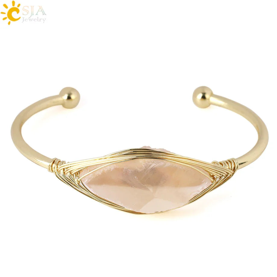 CSJA Gem Stone Open Cuffs Bracelets Crystals Natural Stones Bangles Gold Color Wire Wrap Bracelet for Friend Bijoux Femme G866
