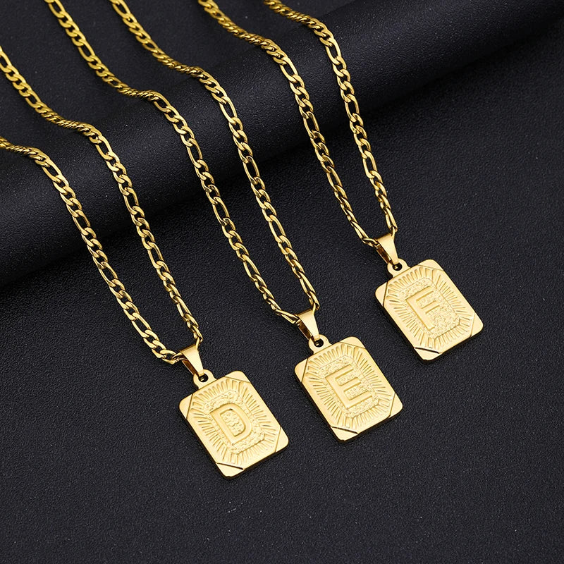 Initial Letter Pendant Necklace Stainless Steel Golden Cuban Chain A-Z Alphabet