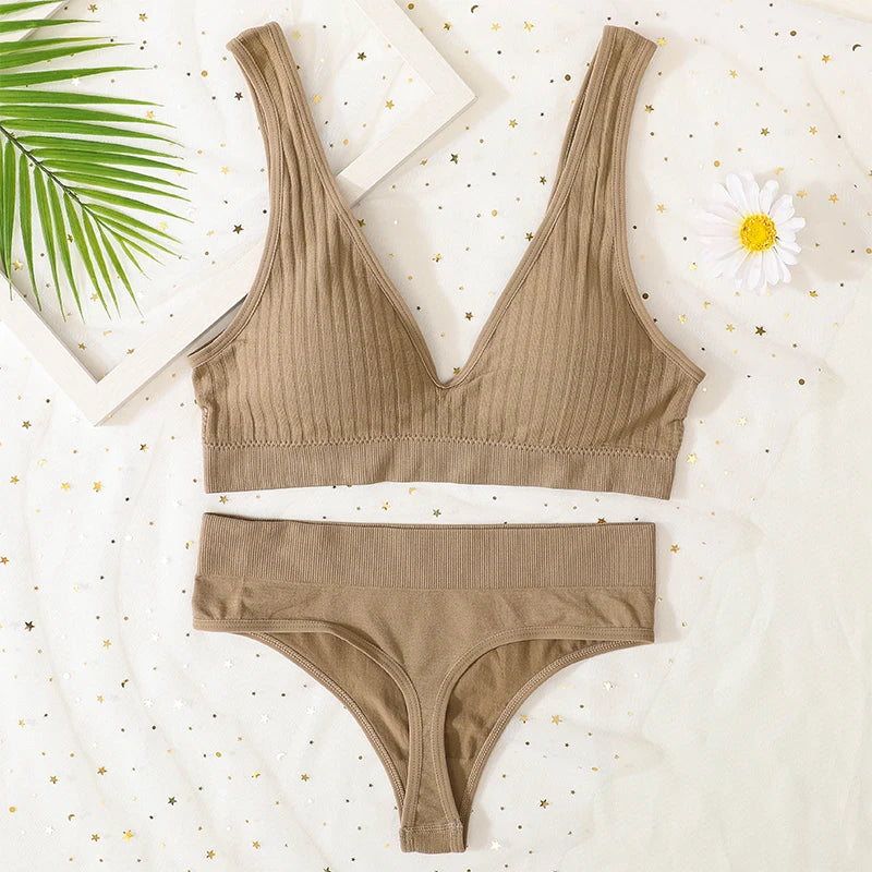 Seamless Underwear Set Women Sport Lingerie Set Wireless Deep V Bra