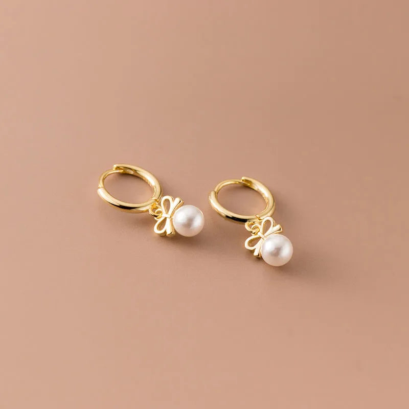 WANTME 925 Sterling Silver Cute Butterfly Synthetic Pearl Pendant Drop Earrings Fashion Charm Gold Plated Huggies Jewelry Women