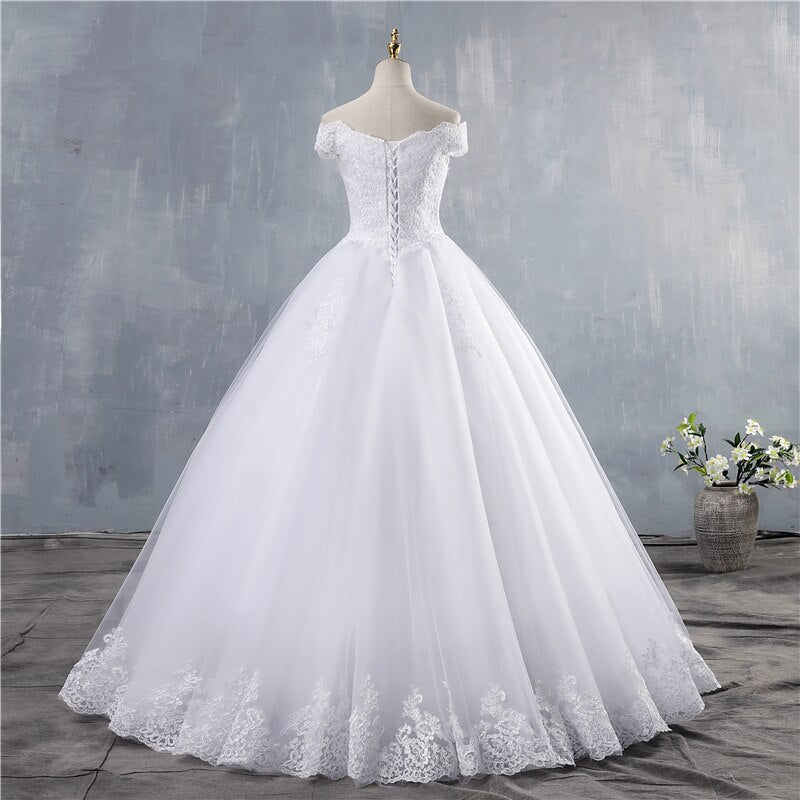 White Bridesmaid Dresses: White Ivory Lace Appliques Ball Gown Off The Shoulder