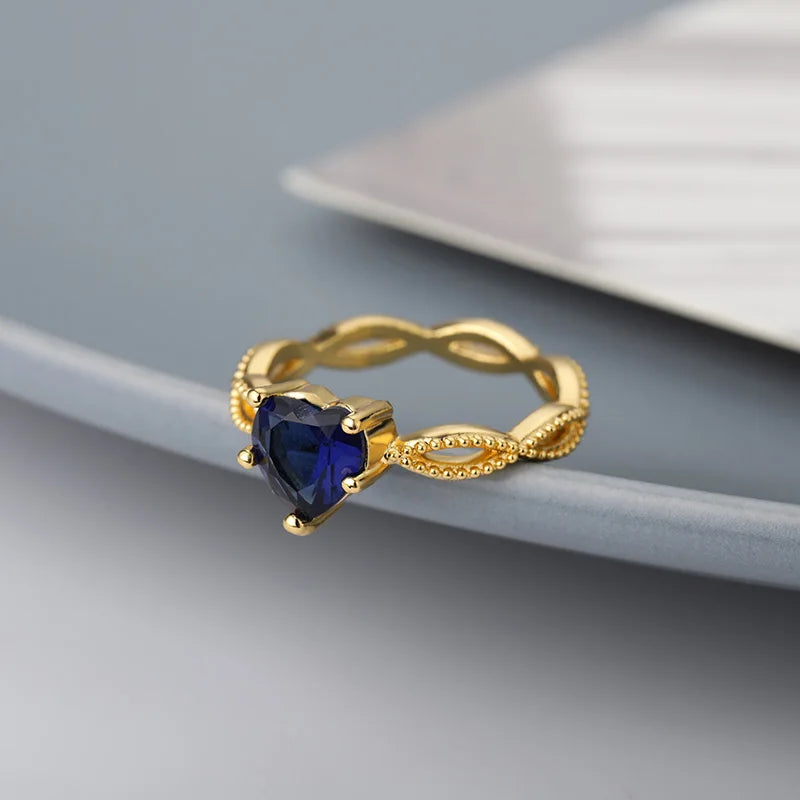 Blue Gem Heart Rings For Women Zirconia Silver Color Couple Heart Ring Party Gift
