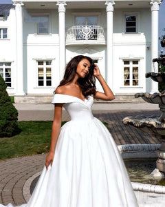White Elegant Satin A-Line Wedding Dress With Folden V-Neckline