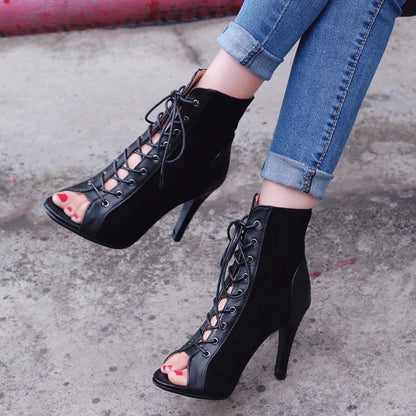 Black Summer High Heels Ankle Boots For Women Spring Peep Toe Lace Up