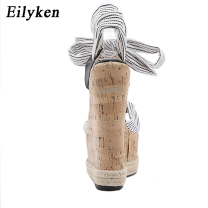 Eilyken Summer Solid White Platform Wedges Sandals Women Fashion High Heels Ankle Strap Ladies Open Toe Shoes