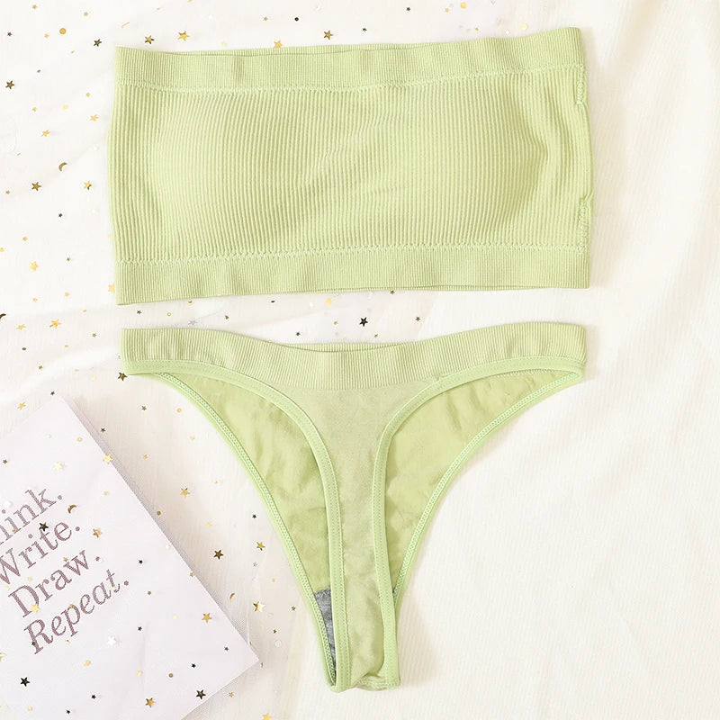 Women Bra Set Strapless Seamless Underwear Push Up Bra High Waist Thong