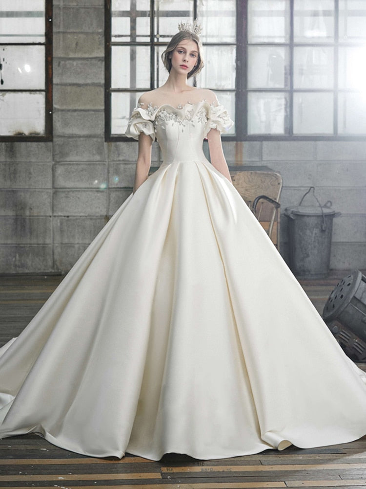 White Bridesmaid Dresses: Off The Shoulder Flower Satin Wedding Dress