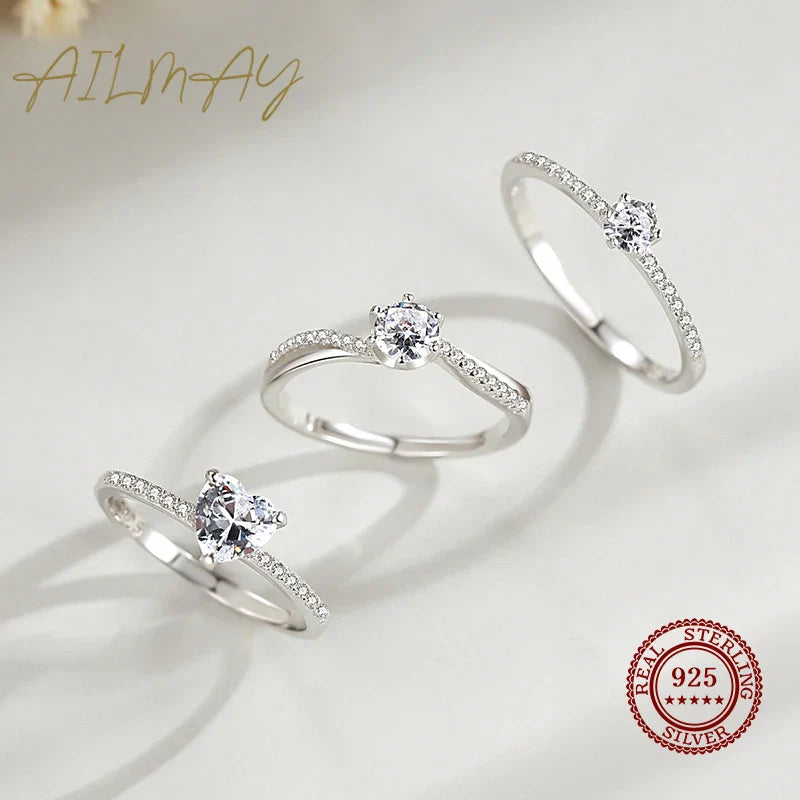 Ailmay Real 925 Sterling Silver Simple Sparkling Round Clear Zircon Ring For Women Classic Luxury Wedding Accessories Jewelry