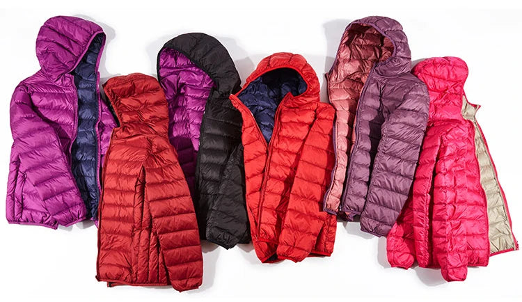 Women Ultra Light 90% Duck Down Jacket Hooded Jackets Long Sleeve Double