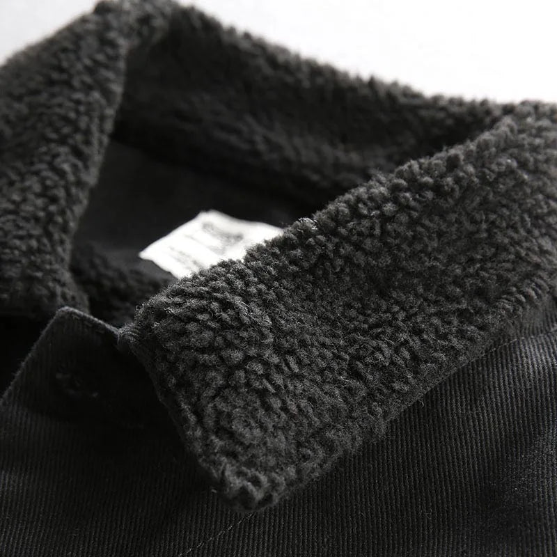 Men's Winter Wool Denim  Jackets Fleece Lined Fur Collar Thermal Jeans