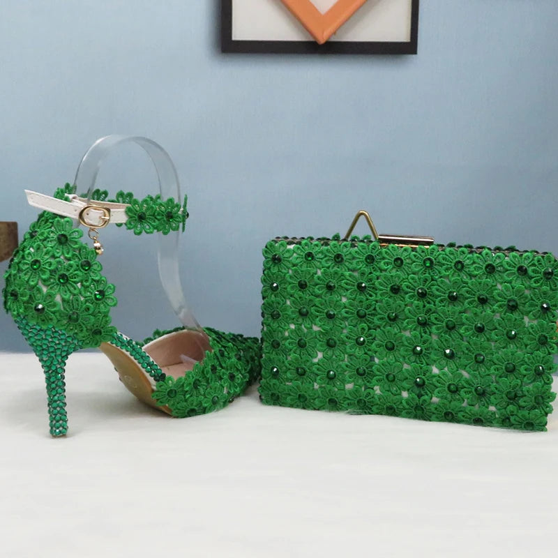 Green Lace Flower Wedding Shoe And Bag Set Pearl Heels Pointed Toe Ankle Strap Ladies Party shoe with matching bag Lace-up