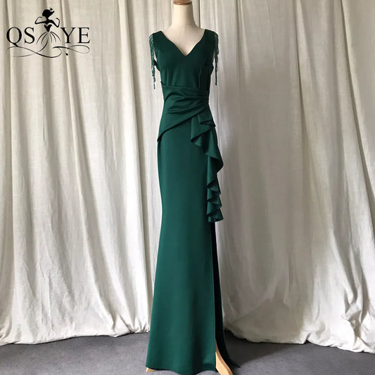 Green Long Prom Dress Stretch Ruffles Emerald Evening Dress V Neck Formal Party Dress