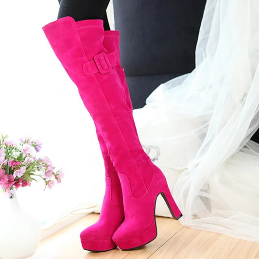 Super High Square Heel Rose Red Warm Snow Boots Waterproof