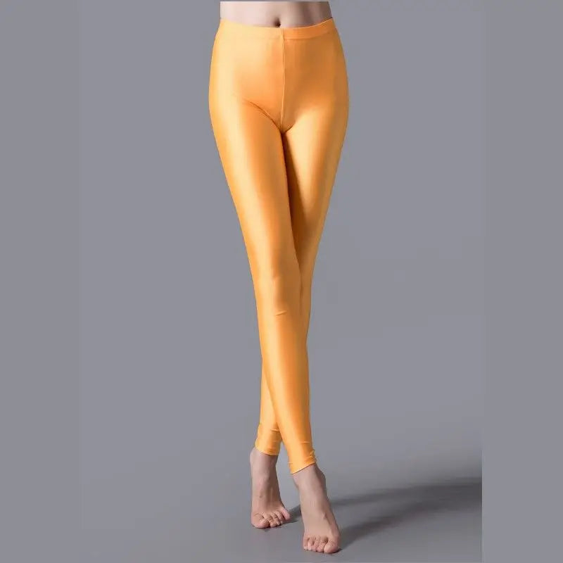 Women Shiny Pants Leggings Solid Color Fluorescent Spandex